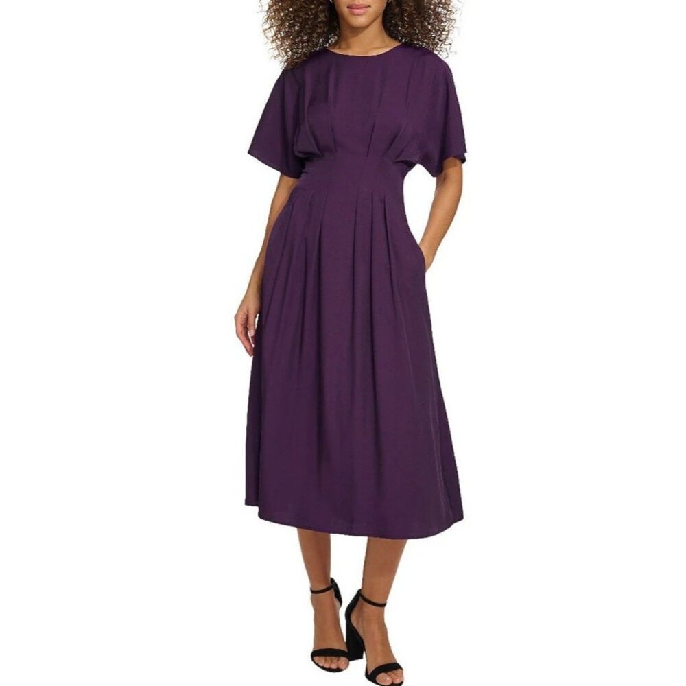 Kensie‎ Short Sleeve Smocked Waist A-Line Midi/Maxi Dress Eggplant Purple 4